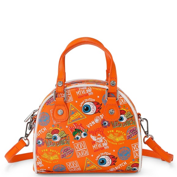 NEW Von Dutch Y2K Orange Jax Doodle Bowling Bag Purse Handbag Crossbody Strap - Picture 1 of 9